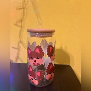 Brown & Beige Puppy Face 16oz Glass Libby Cup w/ glass straw